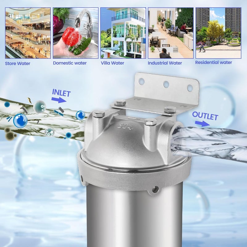 Amwater حاوية فلتر مياه منزلية من الفولاذ المقاوم للصدأ NSF/ANSI 42، نظام فلتر مياه للشوائب بحجم 10" × 2.5" للاستخدام الثقيل، مياه الآبار والمدن، منفذ NPT 1/2"، صمام تصريف نمط C - Image 4